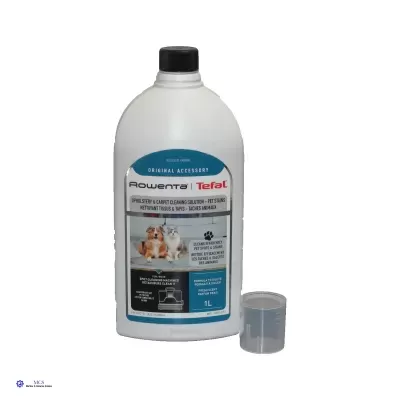 Frasco branco com tampa preta e copo doseador ao lado com rótulo Rowenta Tefal