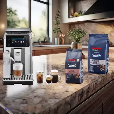 Máquina de café DeLonghi com embalagens de café Espresso Prestige numa bancada de cozinha