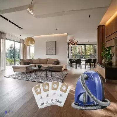 aspirador de pó azul com mangueira e sacos filtros sobre sala de estar moderna