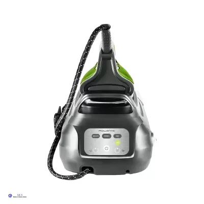 Ferro de engomar a vapor cinza e verde da Rowenta visto de trás com painel de botões e cabo texturizado preto e branco