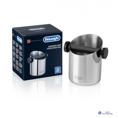 Fervedor de leite DeLonghi em aço inoxidável com botões pretos e embalagem