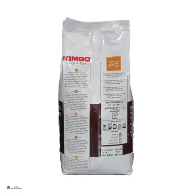 Embalagem de café Kimbo branca com texto e códigos