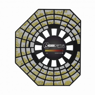 Disco de teste para scanner com padrões amarelos e cinza e texto nanoCAPTUR Technology no centro.