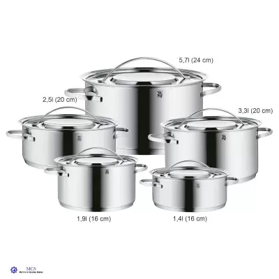 Conjunto de cinco tachos em aço inoxidável com tampas transparentes e alças de metal