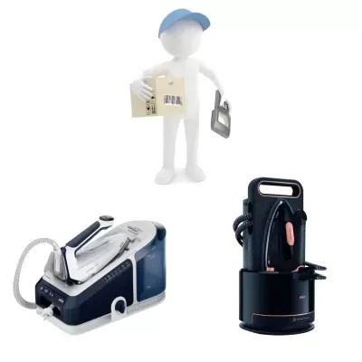 três objetos para passar roupa e figura humana segurando caixa