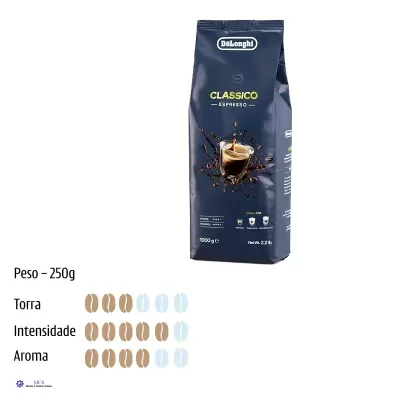 Pacote azul de café em grão DeLonghi Classico Espresso 1000 g com avaliação de torra, intensidade e aroma