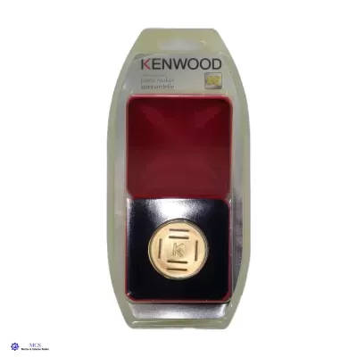 Embalagem com peça metálica dourada e suporte vermelho da marca Kenwood para massa