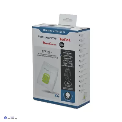 Embalagem para sacos filtrantes para aspirador com texto e marcas Rowenta, Tefal e Moulinex