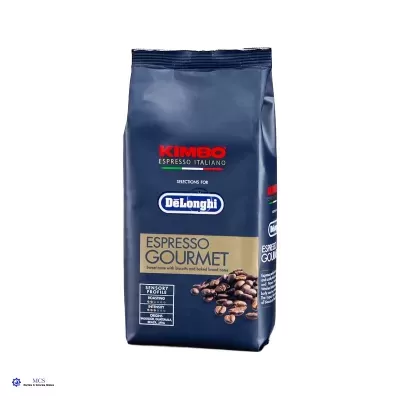 Pacote azul escuro de café Kimbo Espresso Italiano com grãos e texto