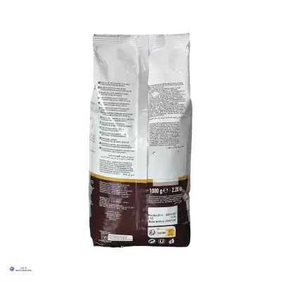 Embalagem de plástico branca e castanha de 1000 g com texto preto