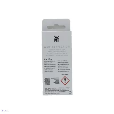 Embalagem branca de pastilhas descalcificadoras WMF Perfection com texto preto