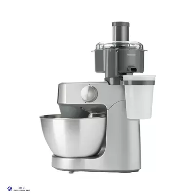 Batedeira KitchenAid cinza prateada com tigela e copo em fundo branco