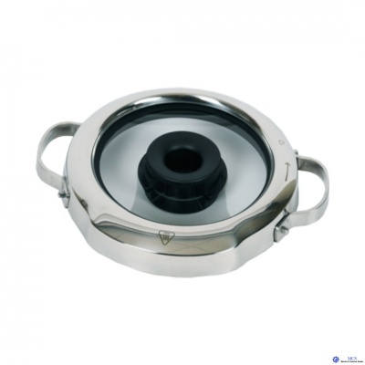 Tampa de panela redonda em aço inoxidável com pega central preta e duas pegas laterais