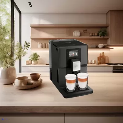 Máquina de café preta com dois copos de café numa cozinha moderna