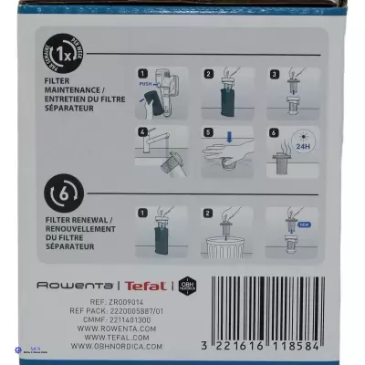 Instruções de manutenção e renovação de filtro numa embalagem com logos e código de barras