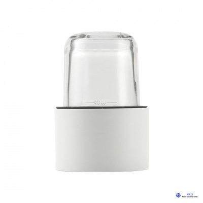 Frasco de vidro transparente com base branca cilindrica