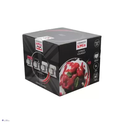 Caixa preta com imagens e texto da batedeira Kenwood kMix vermelha