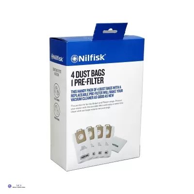 Pacote Nilfisk com 4 sacos de pó e 1 pré-filtro para aspiradora em fundo branco