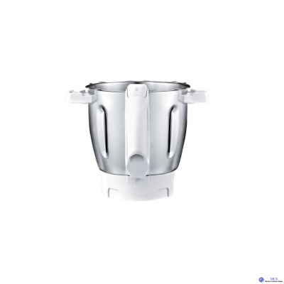 Recipiente metálico prateado com punhos brancos e tampa branca em fundo branco