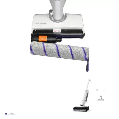 Aspirador de pó sem fios branco com escova rotativa cinza e roxa, botão laranja e texto Bissell VALUE 2275E 18V