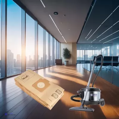 Aspirador industrial cinza com sacos descartáveis castanhos em sala moderna