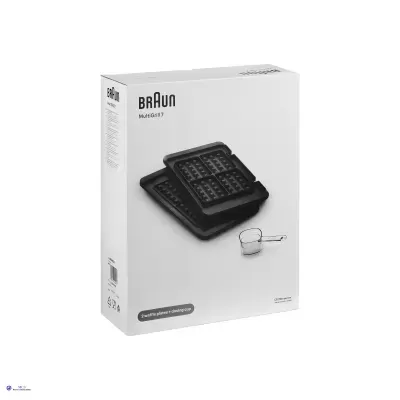 Embalagem branca com tábuas pretas para waffles e texto Braun MultiQuick 7