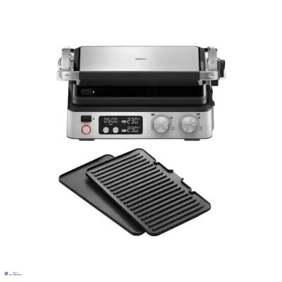 Grill elétrico cinza prata com placas removíveis preta lisa e com grelha