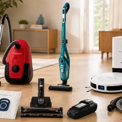 Vários aspiradores Rowenta e acessórios num ambiente de sala de estar