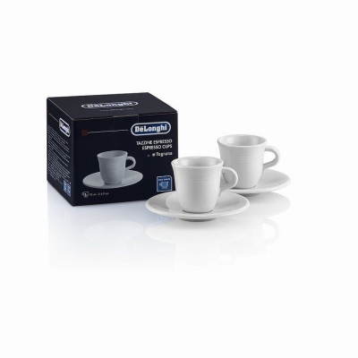 Conjunto de duas chávenas de espresso brancas com pires e caixa preta DeLonghi