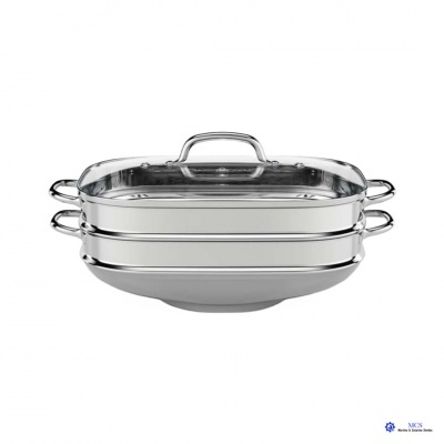 Conjunto de panela dupla em inox com tampa com pega e duas pegas laterais em fundo branco