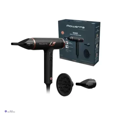 Secador de cabelo preto Rowenta com acessórios e embalagem azul