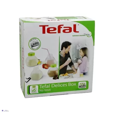 Caixa do produto Tefal Delices Box com seis frascos pequenos e imagem de homem e menina