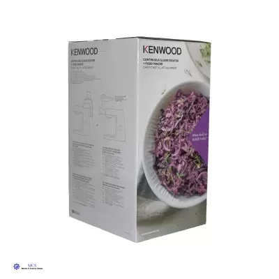 Embalagem branca com texto KENWOOD e imagem de prato com alimento roxo picado