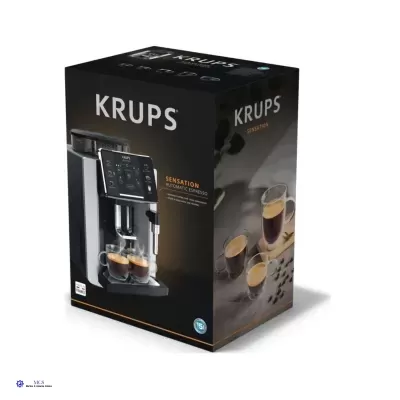 Caixa preta de máquina de café automática Krups Sensation com imagem do produto e copos de café