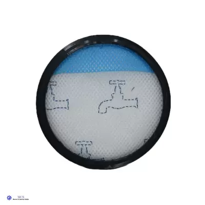 Filtro redondo de ar com moldura preta e malha branca e azul com desenhos de torneiras