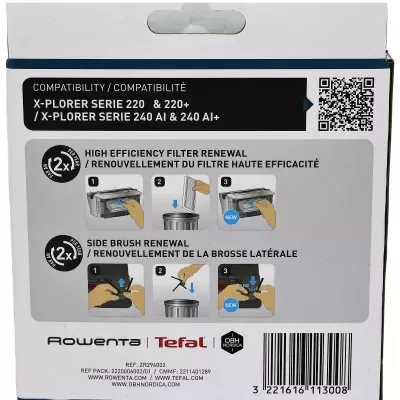 Embalagem de peças de substituição para aspirador X-PLORER série 220, 220+, 240 AI e 240 AI+, com instruções e código de barras.
