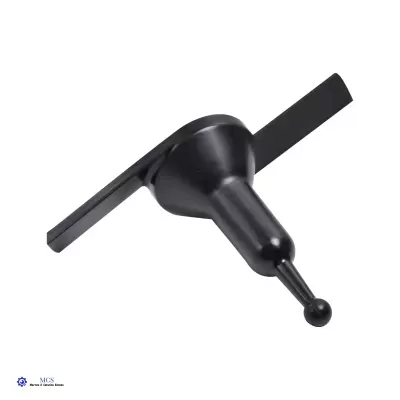 Ferramenta preta com cabo horizontal e ponta esférica em fundo branco