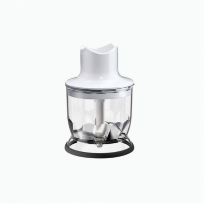 Picadora elétrica branca com copo transparente e base preta
