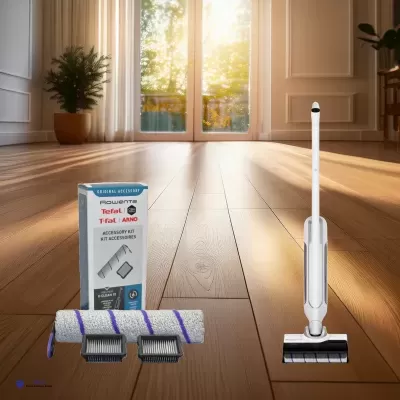 Acessórios para aspirador Rowenta Tefal Air Forte sobre chão de madeira com luz solar