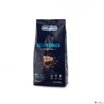 Pacote preto de café espresso descafeinado DeLonghi 250g com imagem de chávena de café