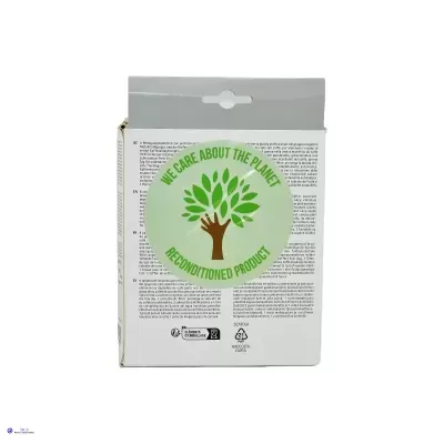 Embalagem branca com selo verde de produto recondicionado e texto em inglês