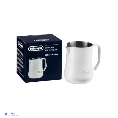 Jarro para espumar leite DeLonghi 500 ml em aço inoxidável com cabo branco e caixa azul