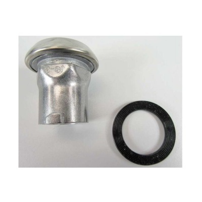 Válvula metálica prateada com peça circular preta ao lado