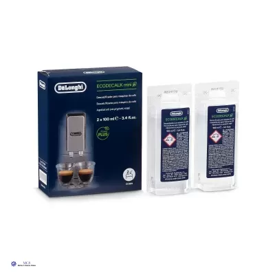 Descalcificante DeLonghi ECODECALK mini em embalagem azul com duas saquetas líquidas de 100 ml.