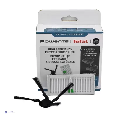 Filtro branco e escova lateral preta com embalagem Rowenta Tefal em fundo branco