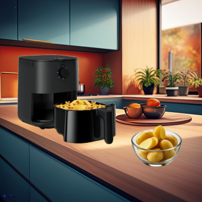 Fritadeira de ar preta com batatas fritas num cesto removível em cozinha moderna com armários azuis e plantas no fundo