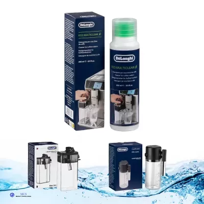 Produtos de limpeza e acessórios DeLonghi para máquinas de café expresso em fundo branco com água azul