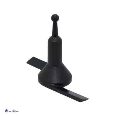 Peça preta de plástico conical com base larga e haste em fundo branco com logo e texto