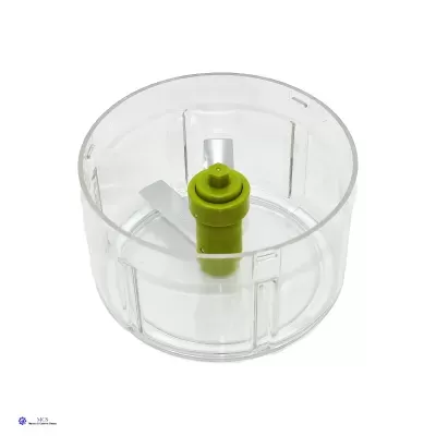 Recipiente redondo transparente com eixo verde central e lâminas internas