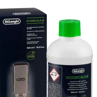 Produto descalcificador DeLonghi ECODECALK para máquinas de café, embalagem branca e caixa preta